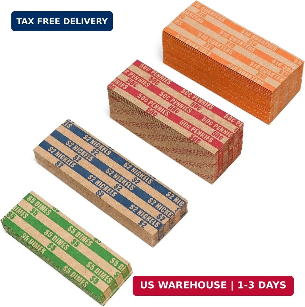 ESSENTIAL 200 Pcs Assorted Packed Flat Stripped Coin Wrappers, Coin Rolls Wrappe