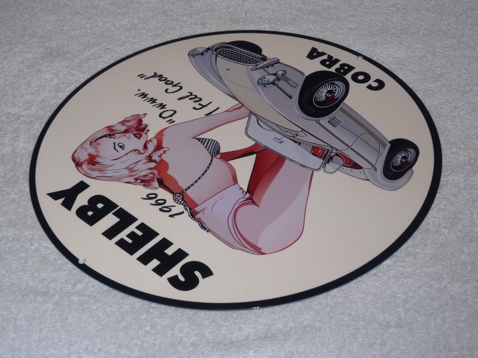 VINTAGE 1966 FORD SHELBY COBRA SPORTS CAR & WOMAN 12" METAL GASOLINE & OIL SIGN!