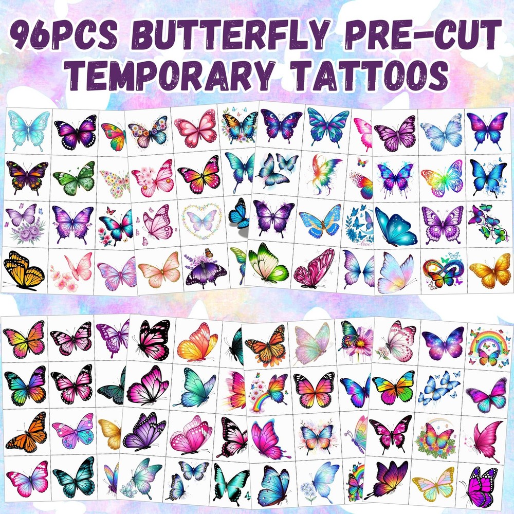96PCS Butterfly Temporary Tattoos Stickers - Medium,
