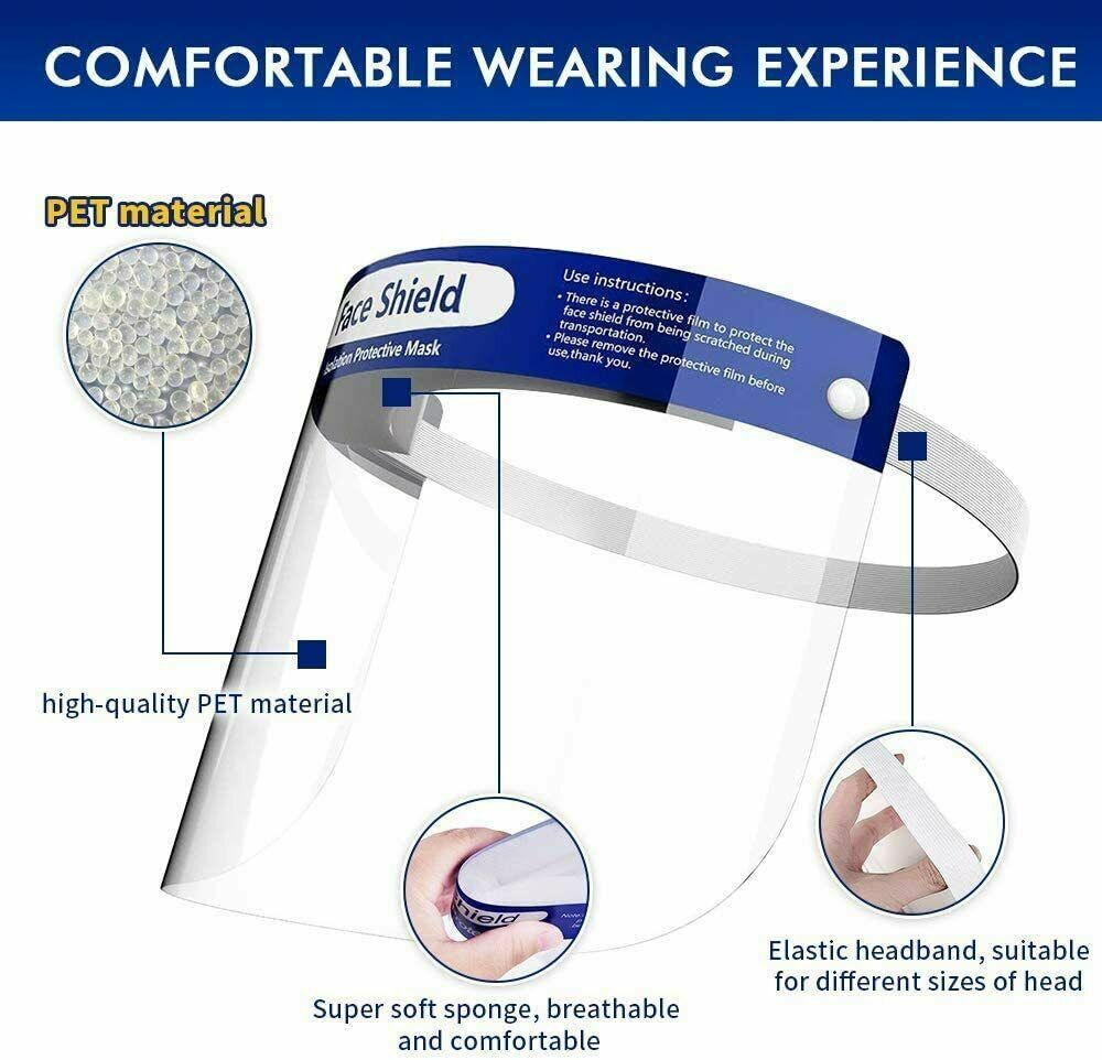 10 Pack Reusable Face Shield Adjustable, Elastic Headband Clear Visor.