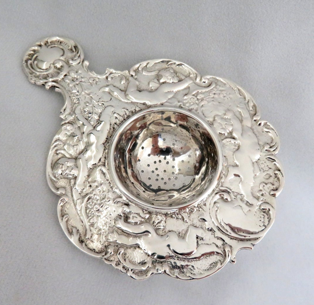 Antique 820 Silver Tea Strainer with Cherubs / Angels ~ Marked 82