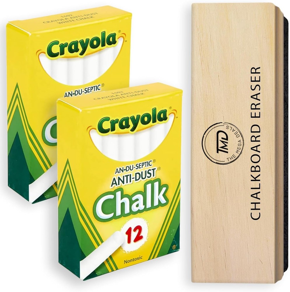 Chalboard Chalk 24 Pack White Chalk, Thin Chalks for Chalkboard with 1 Felt Eras