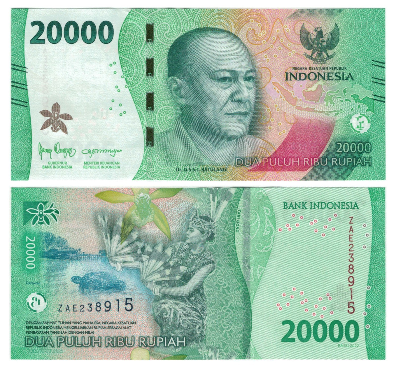 Indonesia 20000 Rupiah (2022) - Hero/Traditional Dancer/p-166a, B621a UNC