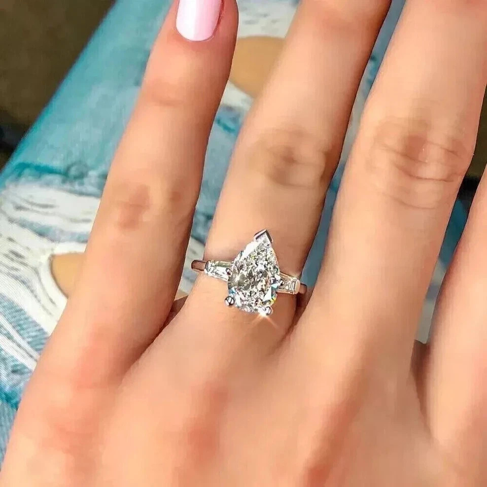 Solid 950 Platinum Diamond Wedding Ring IGI Lab Created Pear Cut 2.50 Ct 3 Stone