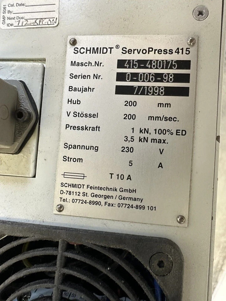 Schmidt PRC 4000 Press Control & 2x 415 Servo Press Modules 4.5kN Force, 200mm,
