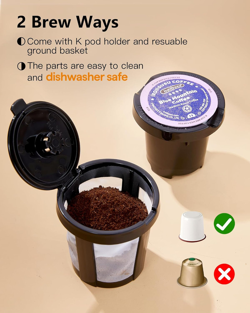 Single Serve One Cup Coffee Maker, for K Cups and Grounds, Mini Coffee Maker wit