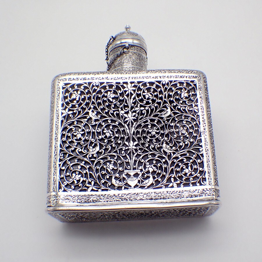 Ornate Decanter Flask Thick Silver Overlay Middle Eastern 900 Silver