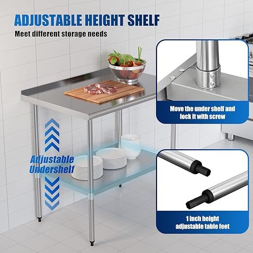 Stainless Steel Kitchen Food Prep Table Work Table with 1.5" Backsplash - NSF