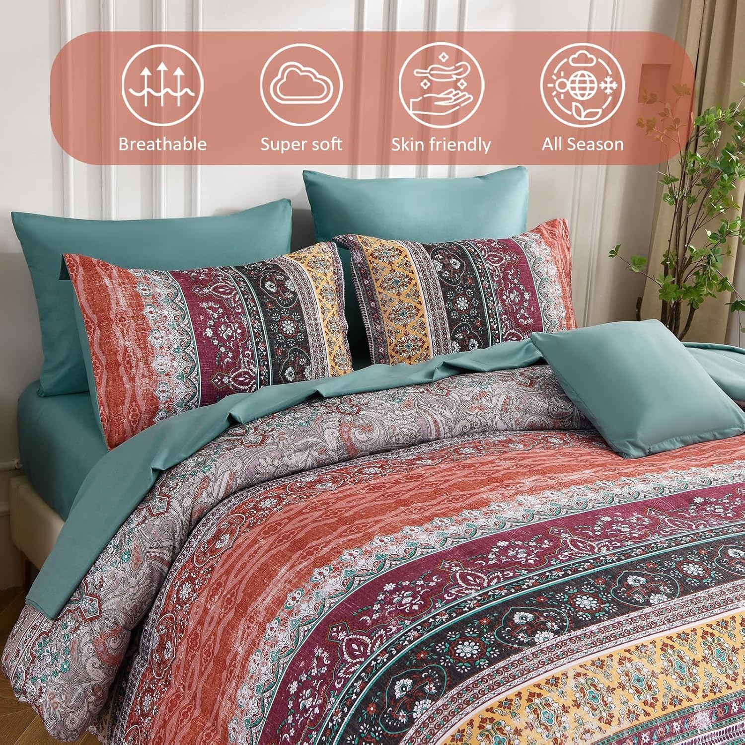 Boho Comforter Set Paisley Floral Striped Microfiber All Seasons 8-Pcs in a Bag