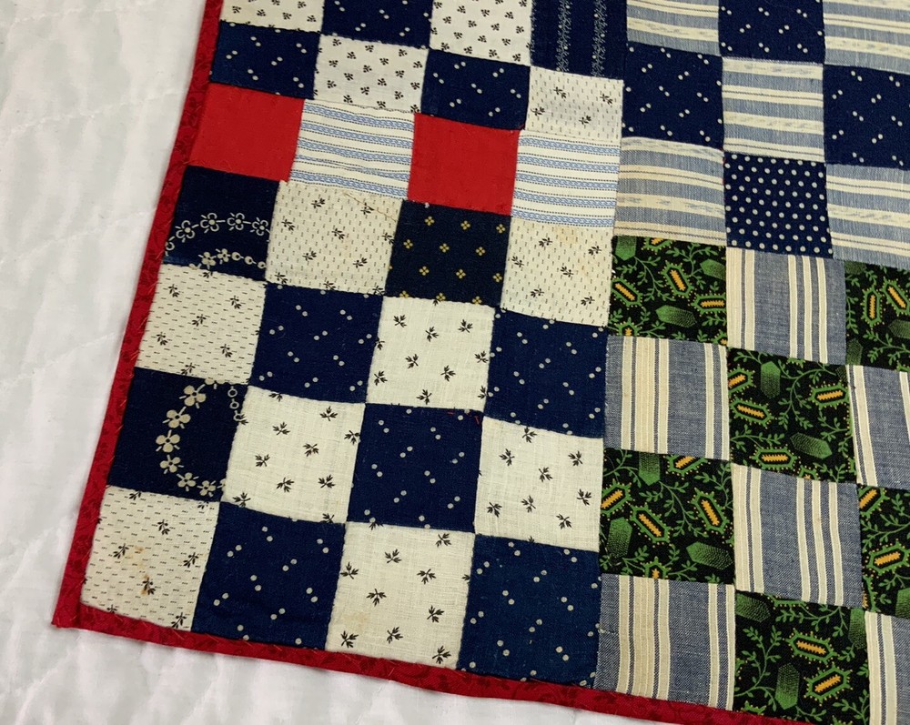 Vintage Antique Patchwork Quilt Table Topper, Four Patch, Early Calicos, Navy