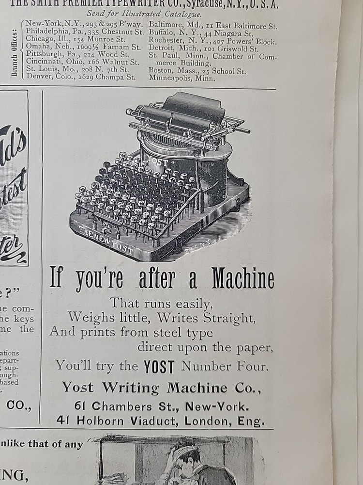 1895 Yost Writing machineTypewriter Vintage ad