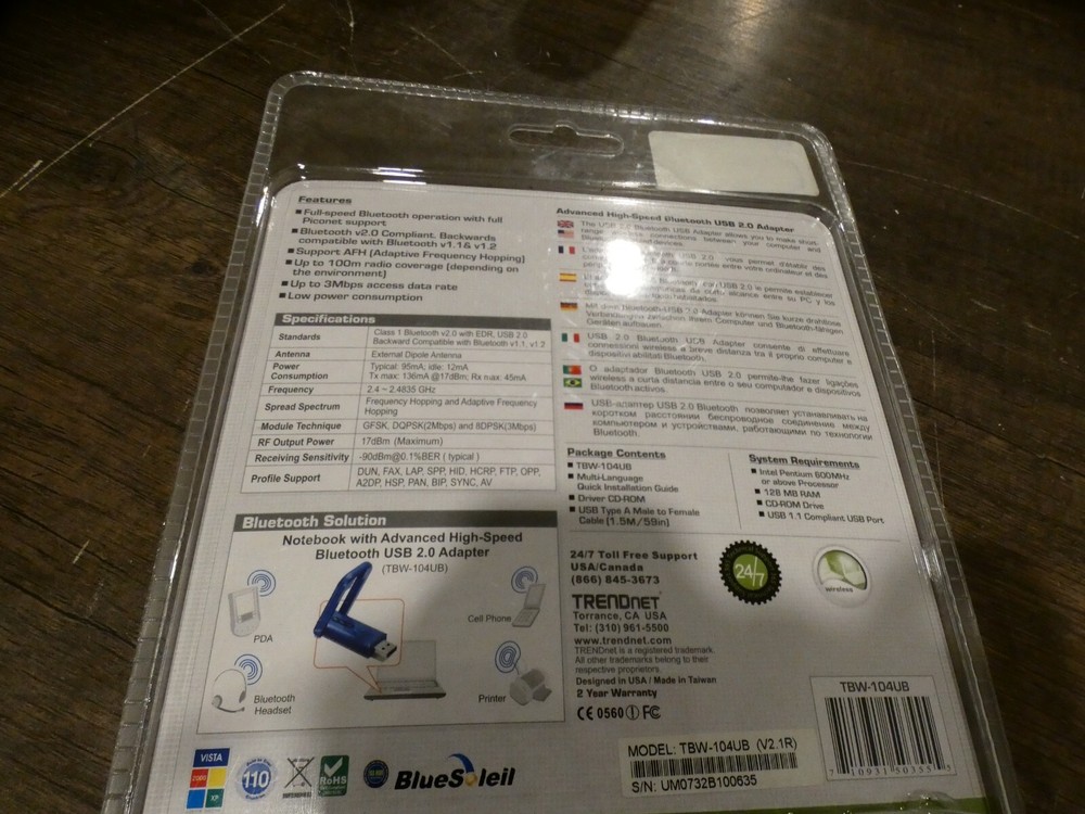 New OEM Trendnet Advanced High-Speed Bluetooth USB 2.0 Adapter 100m TBW-104UB