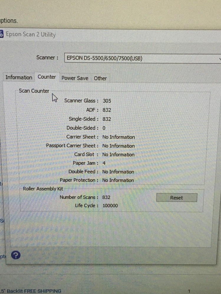 Epson WorkForce DS-7500 J311A Document Scanner w/ AC Adapter, 832 Scan Count