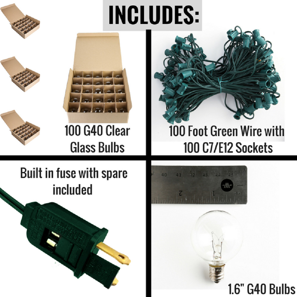 G40 Clear Globe Outside Backyard String Lights with Green Wire - 25’, 50’, 100’