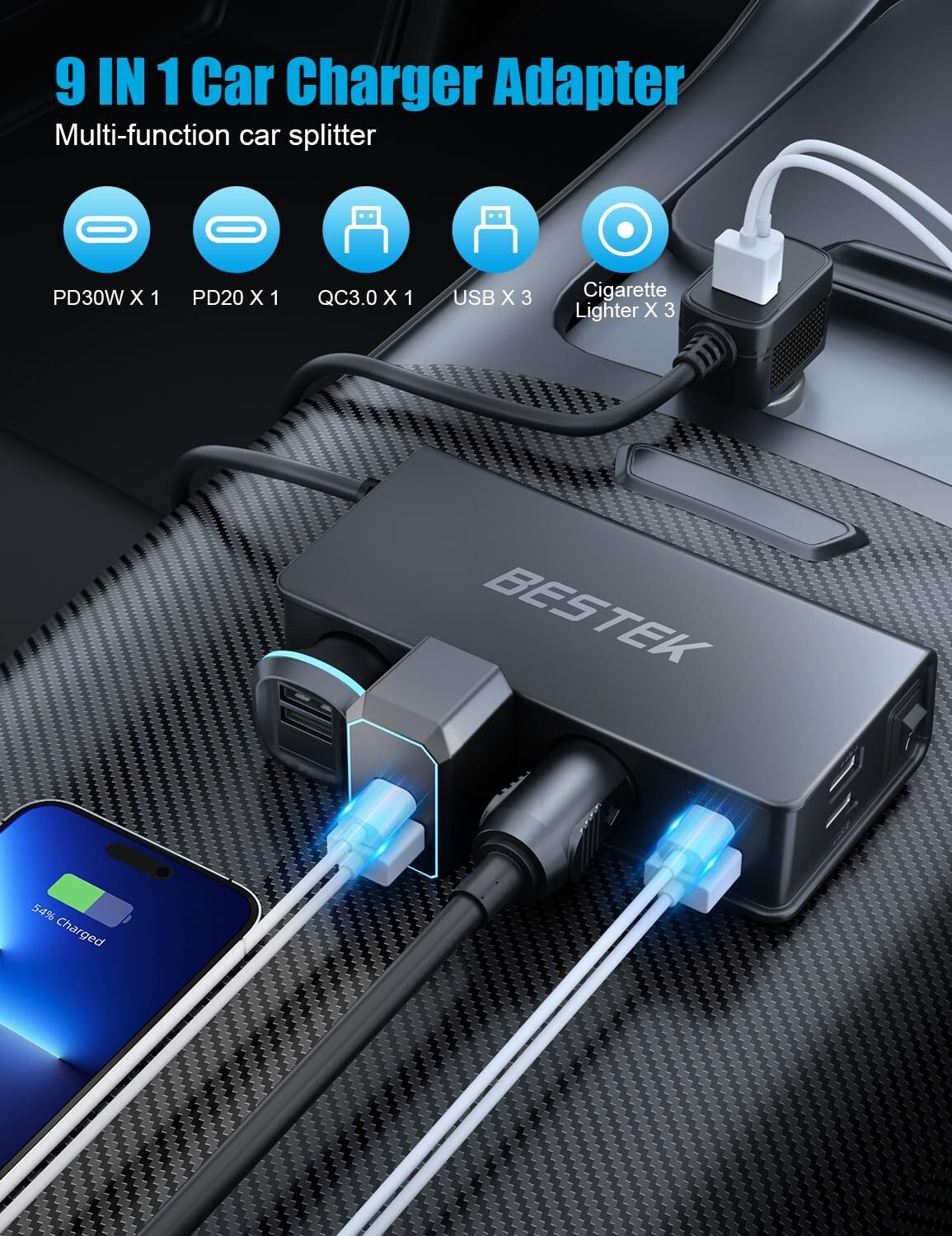 BESTEK 9 in 1 Car Charger 148W 3-Socket PD 30W and QC3.0 18W Charging Ports LED