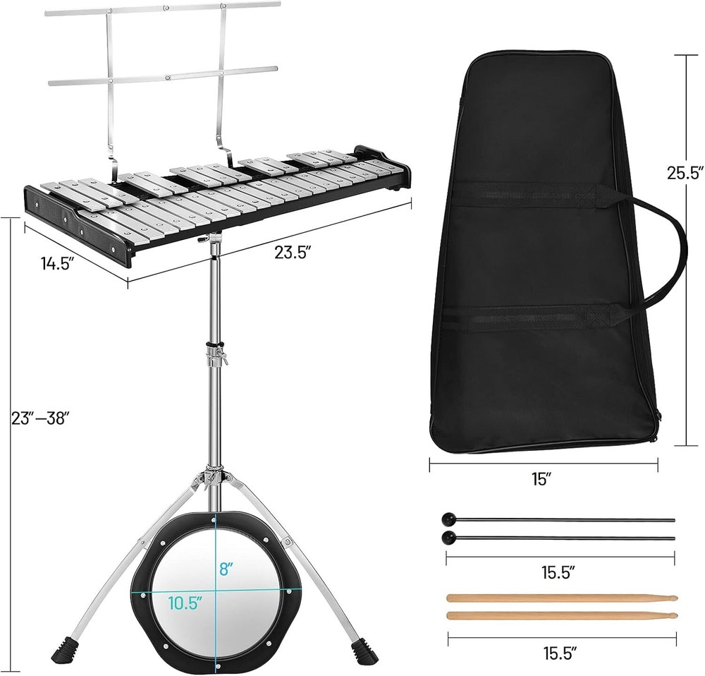 32 Note Professional Glockenspiel Bell Kit, Percussion Xylophone with Adjustable
