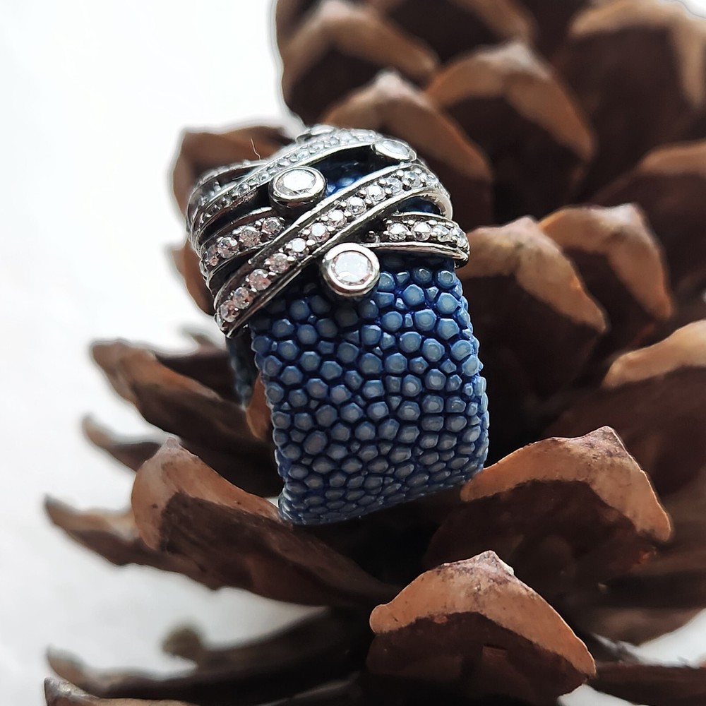 BLUE STINGRAY LEATHER, OXIDIZED STERLING SILVER, WTITE TOPAZ Adjustable Ring