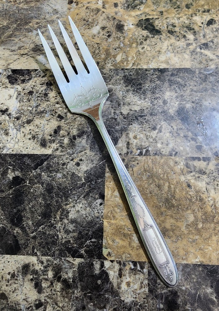 👌ANTIQUE c1921 GROSVENOR PTRN SILVERPLATED MEAT 🥩 SERVING FORK MONOGRAMMED B