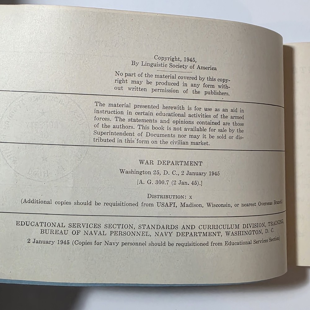 Spoken Chinese Basic Course Book, War Dept Manual 1944