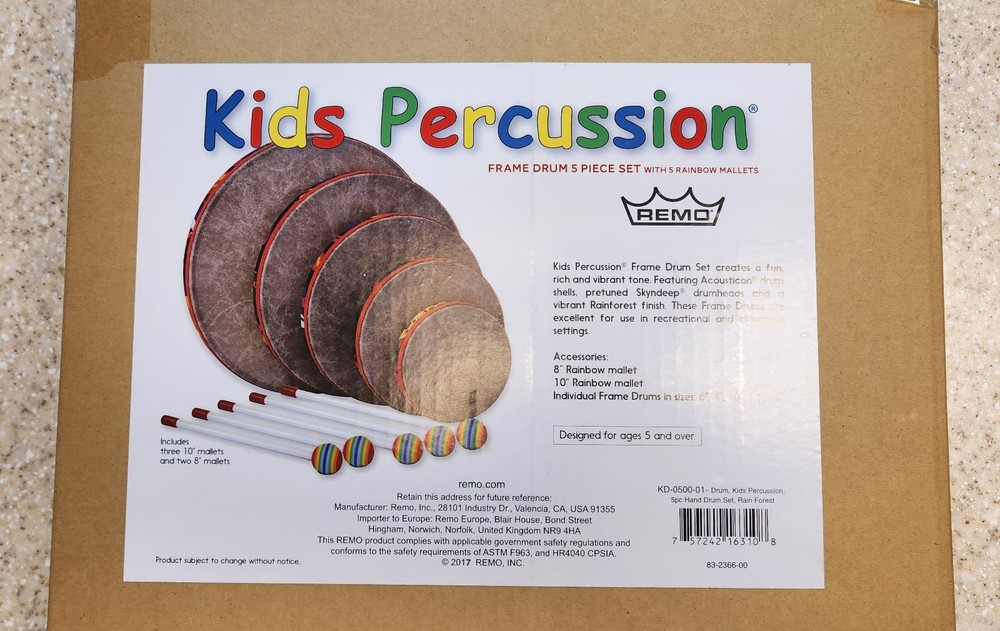 Remo Kid's Percussion Hand Drum Set (5 drums, 5 mallets) - Rain Forest Pattern