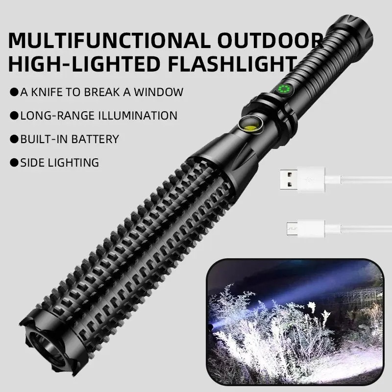 Rechargeable Tactical Flashlight Long Handle Self Defense Torch Window Breaker