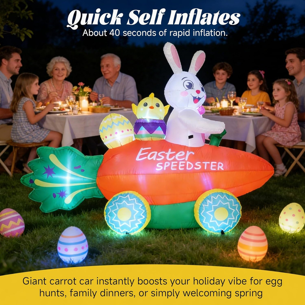 Inflatable Easter Bunny with Carrot Car and Easter Eggs, 6FT Easter Inflatables