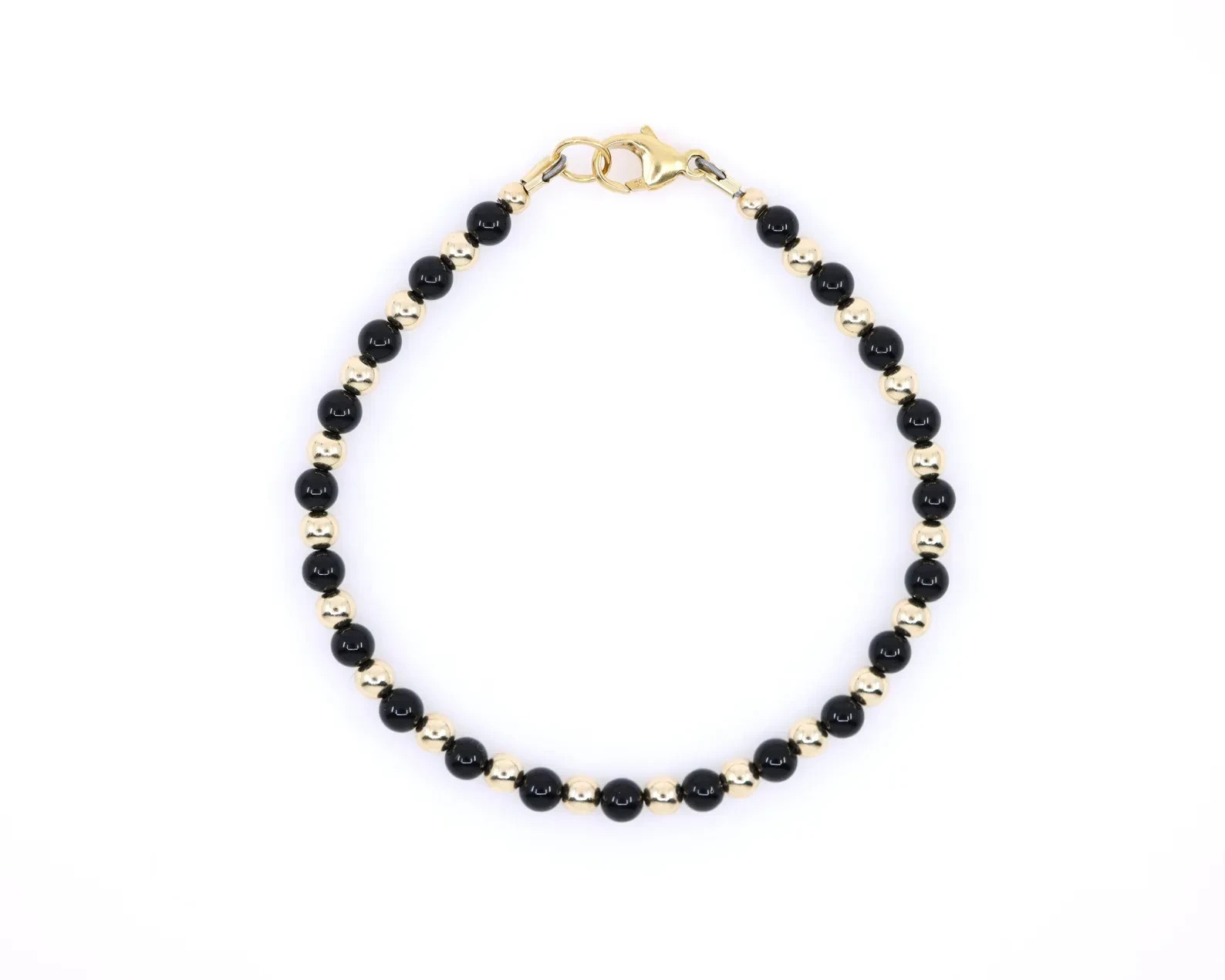 14K Solid Gold & Black Onyx Bracelet | 4mm Round Gemstone Beads, Gift for Self