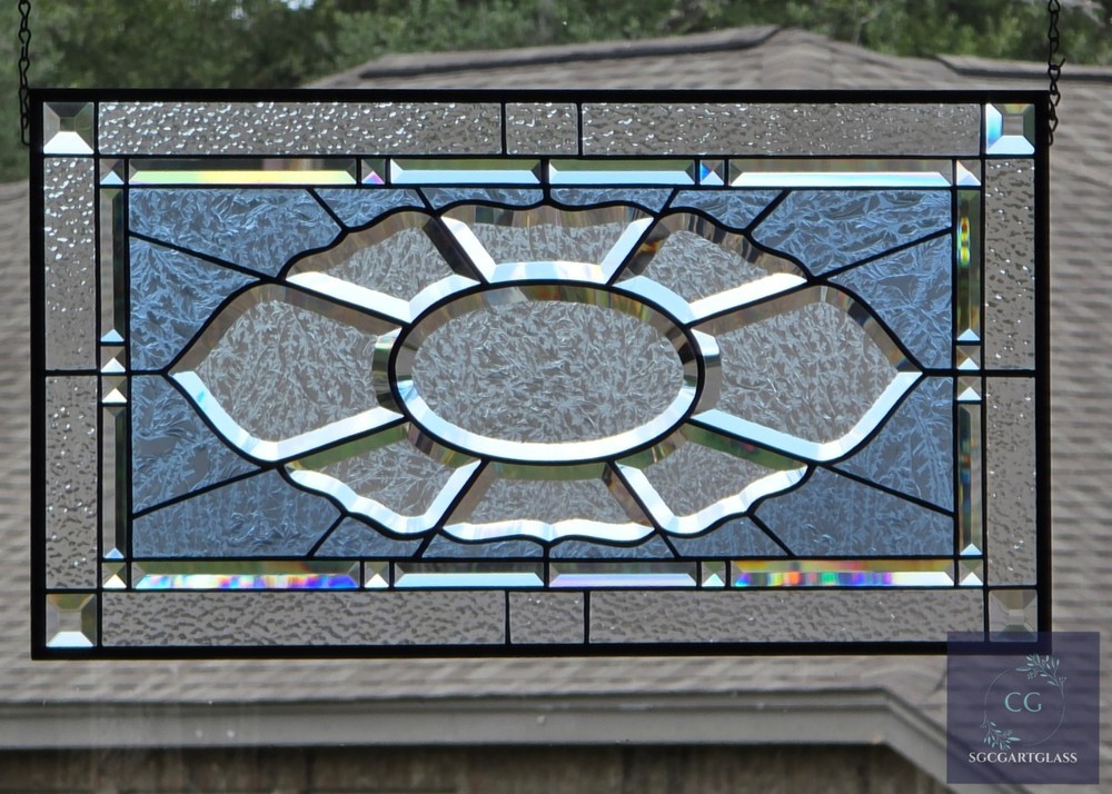 Contemporary rectangular stained glass window panel hanging 26 1/2 x 14 1/2 priv