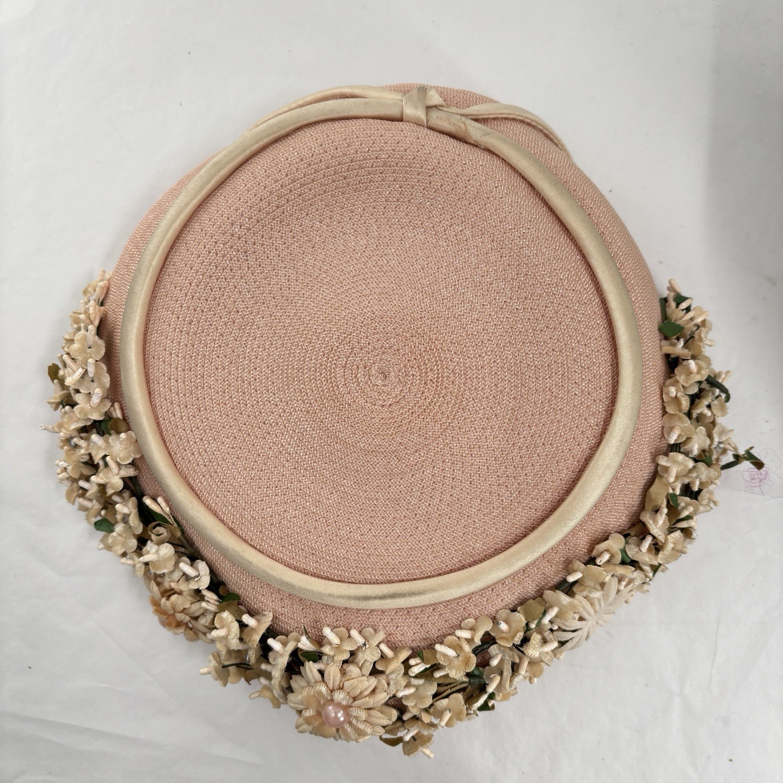 Vtg 60s Bon Rey Pink Floral Straw Hat Garden Party Tea Wedding