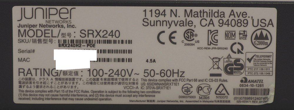 Juniper SRX240 16 Port Services Gateway Firewall with T1/E1 Module
