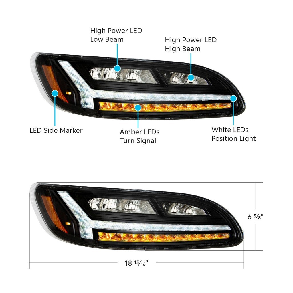 Pair Blackout 6 LED Headlights w/ White Light Bar For 2006-2016 Peterbilt 386