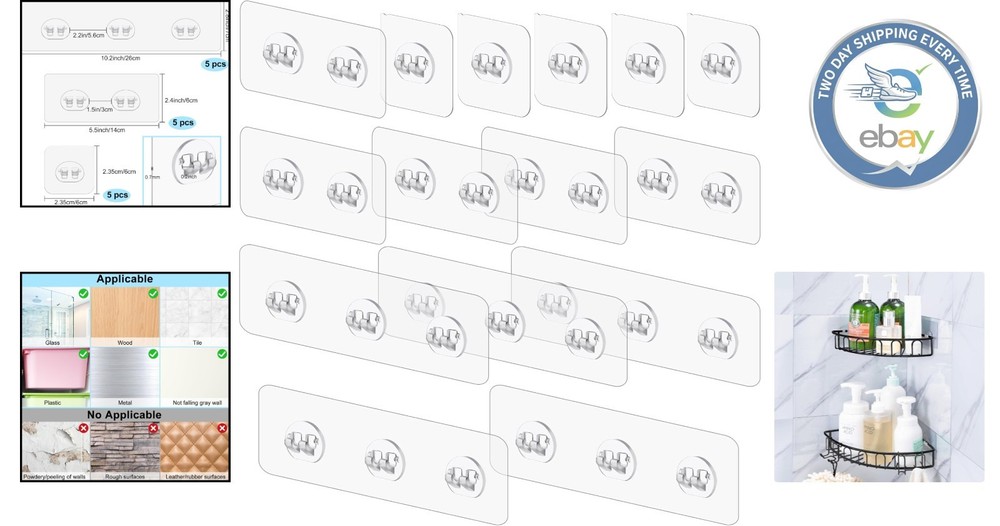 Clear Shower Shelf Adhesive Hooks - 15 Pack, Rust-Proof & Mildew Resistant