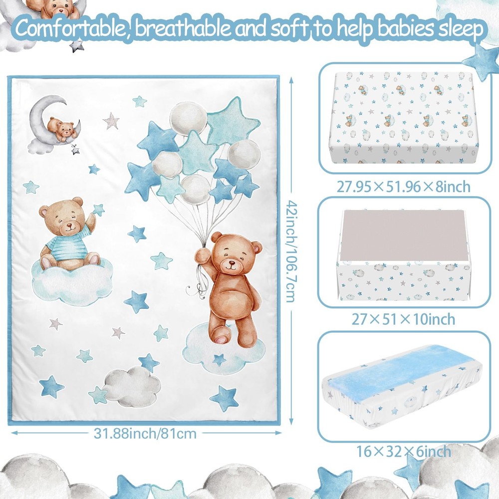 5 Pcs Crib Bedding Set for Toddlers Include Cloud Balloon Bear Theme Crib She...