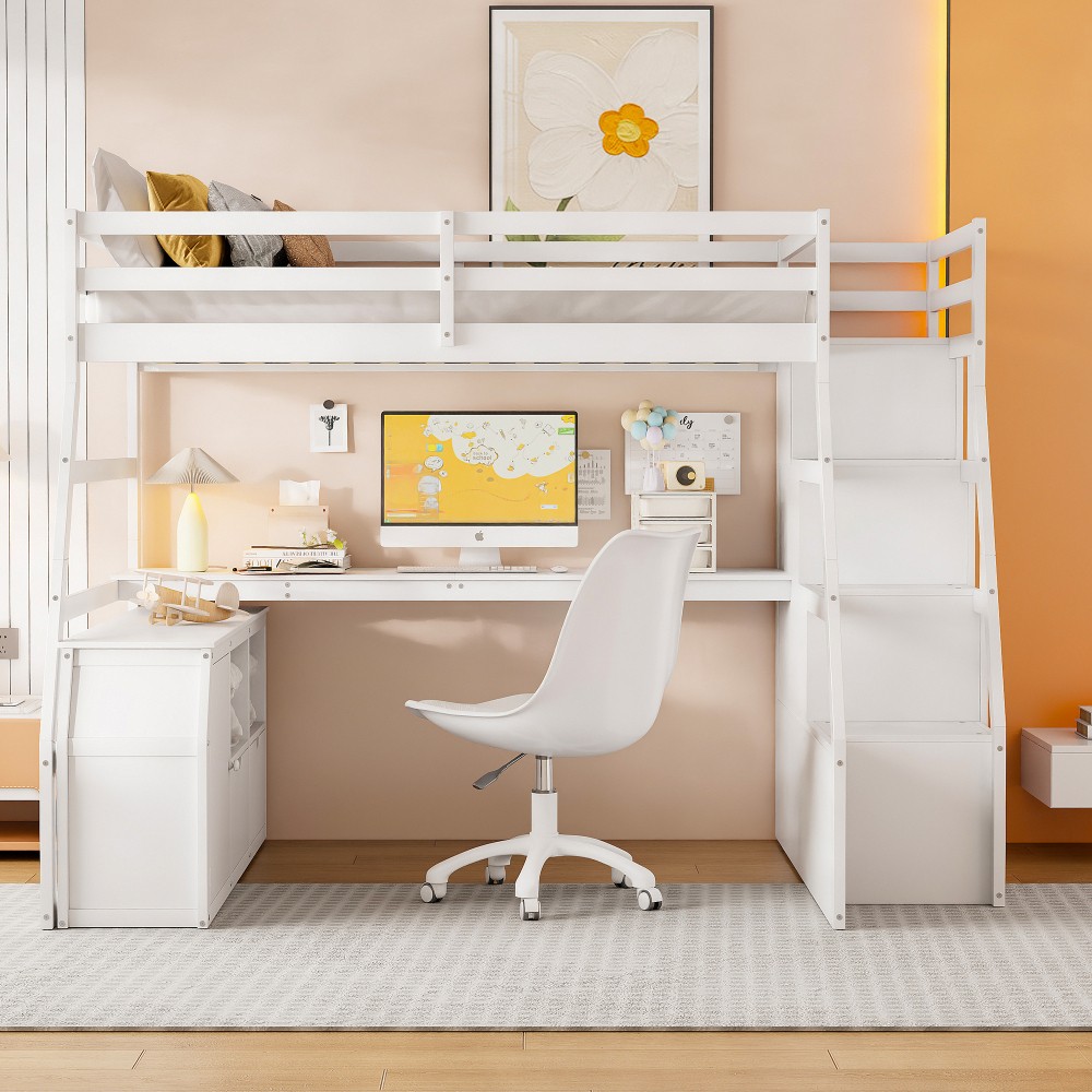 Full Loft Bed w/ Desk & Storage - White - Sturdy Pine Frame