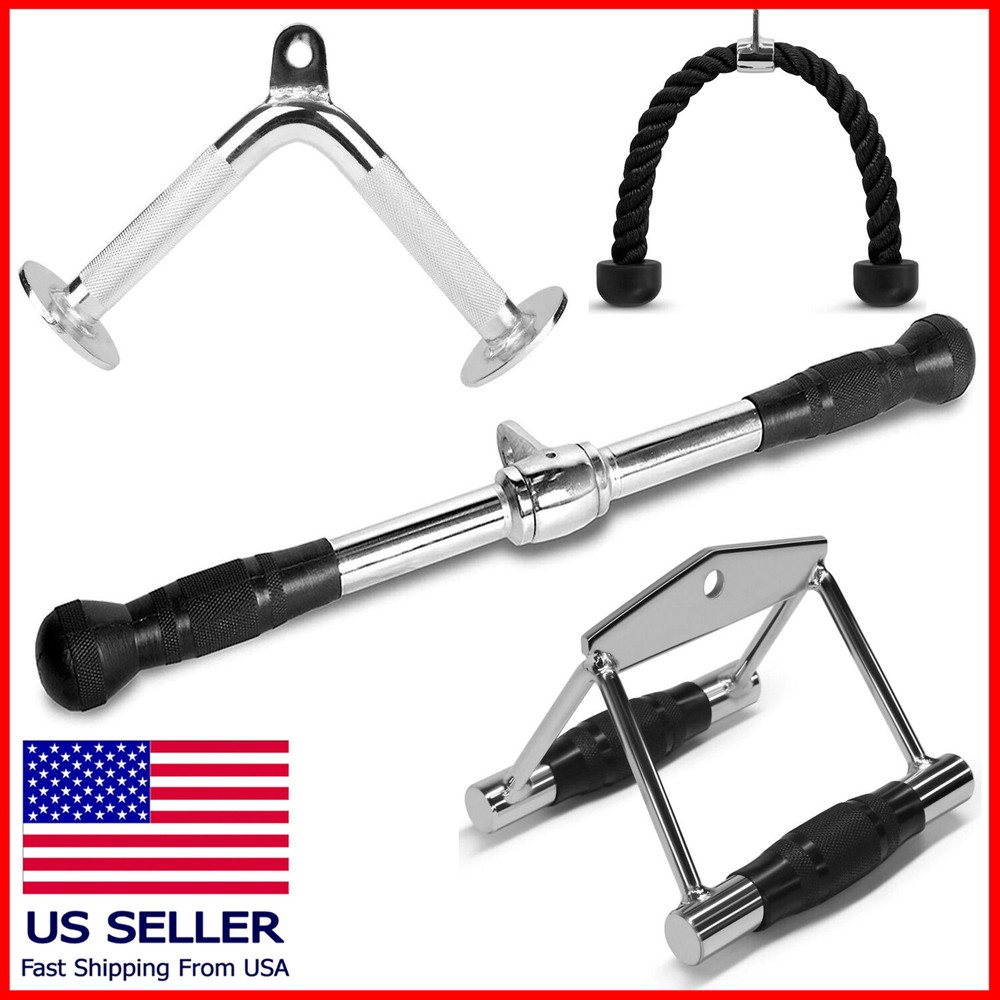 Tricep Press Down Cable Machine Attachment LAT Pulldown Gym Set 4pc