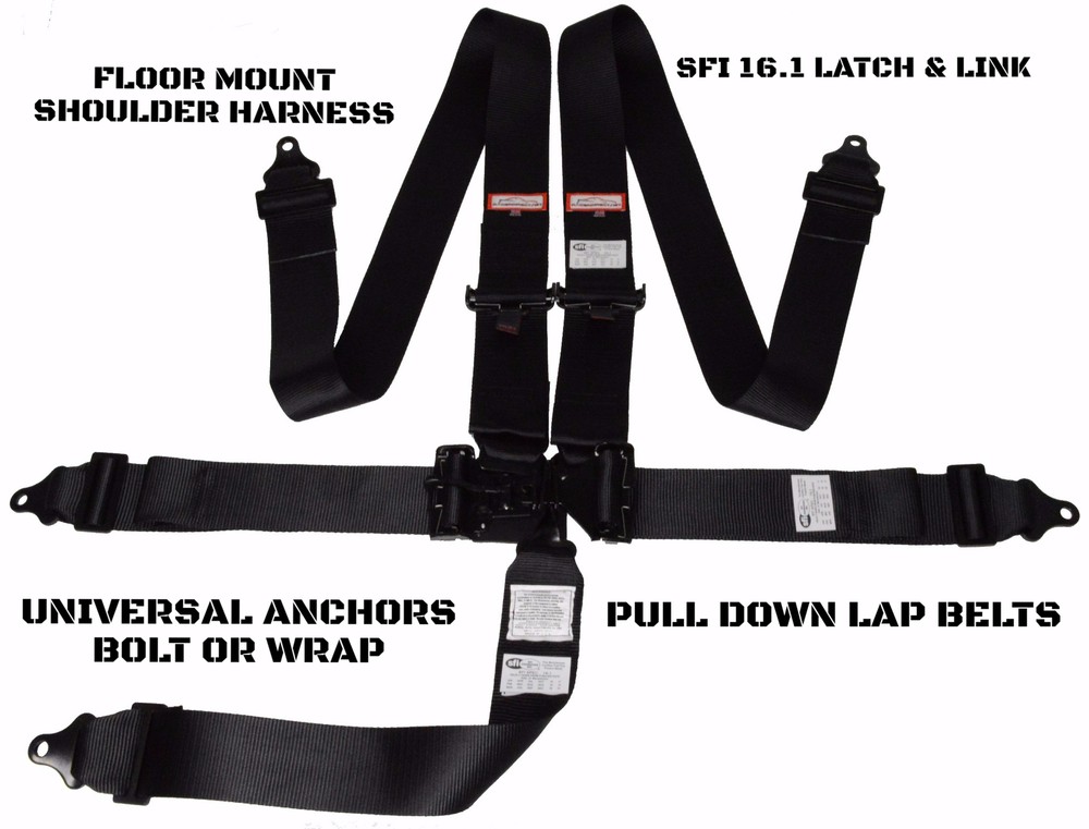 LEMANS RESTOMOD LATCH & LINK 5 POINT FLOOR MOUNT RACING HARNESS  ALL BLACK