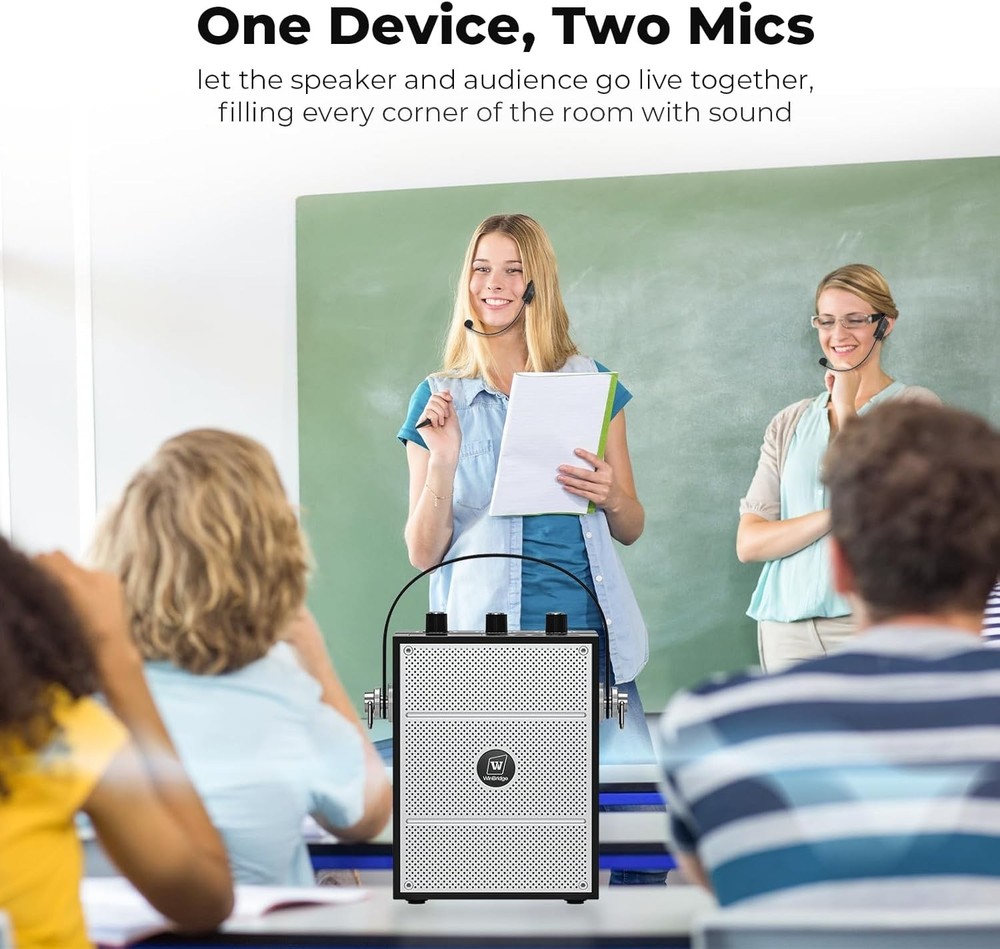 Wireless Bluetooth Amplifier, Portable, w/ 2 Headset Microphones for Instructors