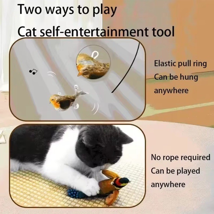 Interactive Flapping Bird Cat Toy Plush Sparrow, Chirping, Detachable, Hangable