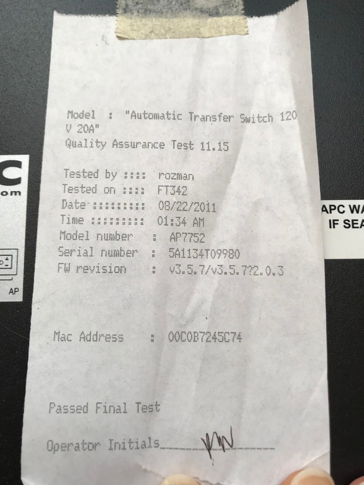 APC AP7752 Automatic Transfer Switch Rackmountable