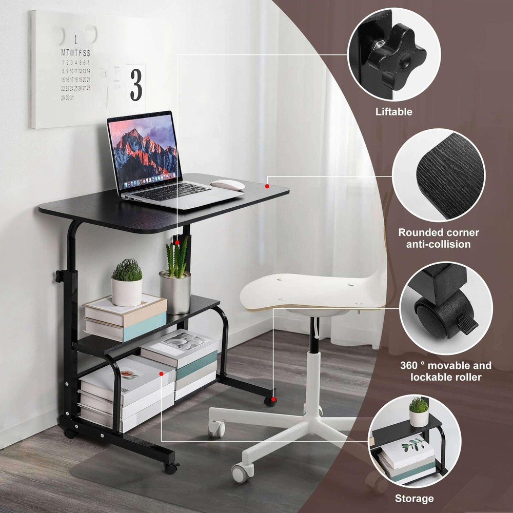 Adjustable Height Mobile Computer Desk for Small Space Rolling Writing with W...