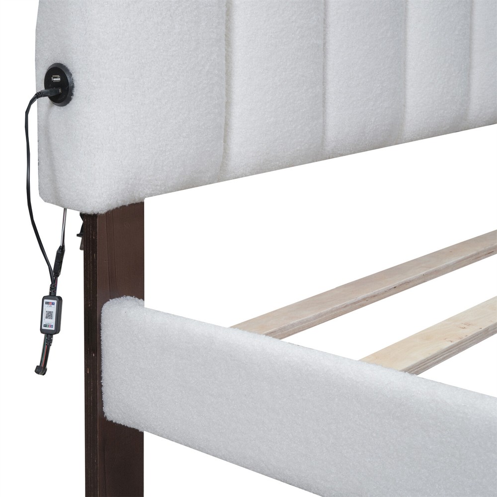 Queen Size Bed Frame Upholstered Platform Bed with Drawers White/Beige/Gray