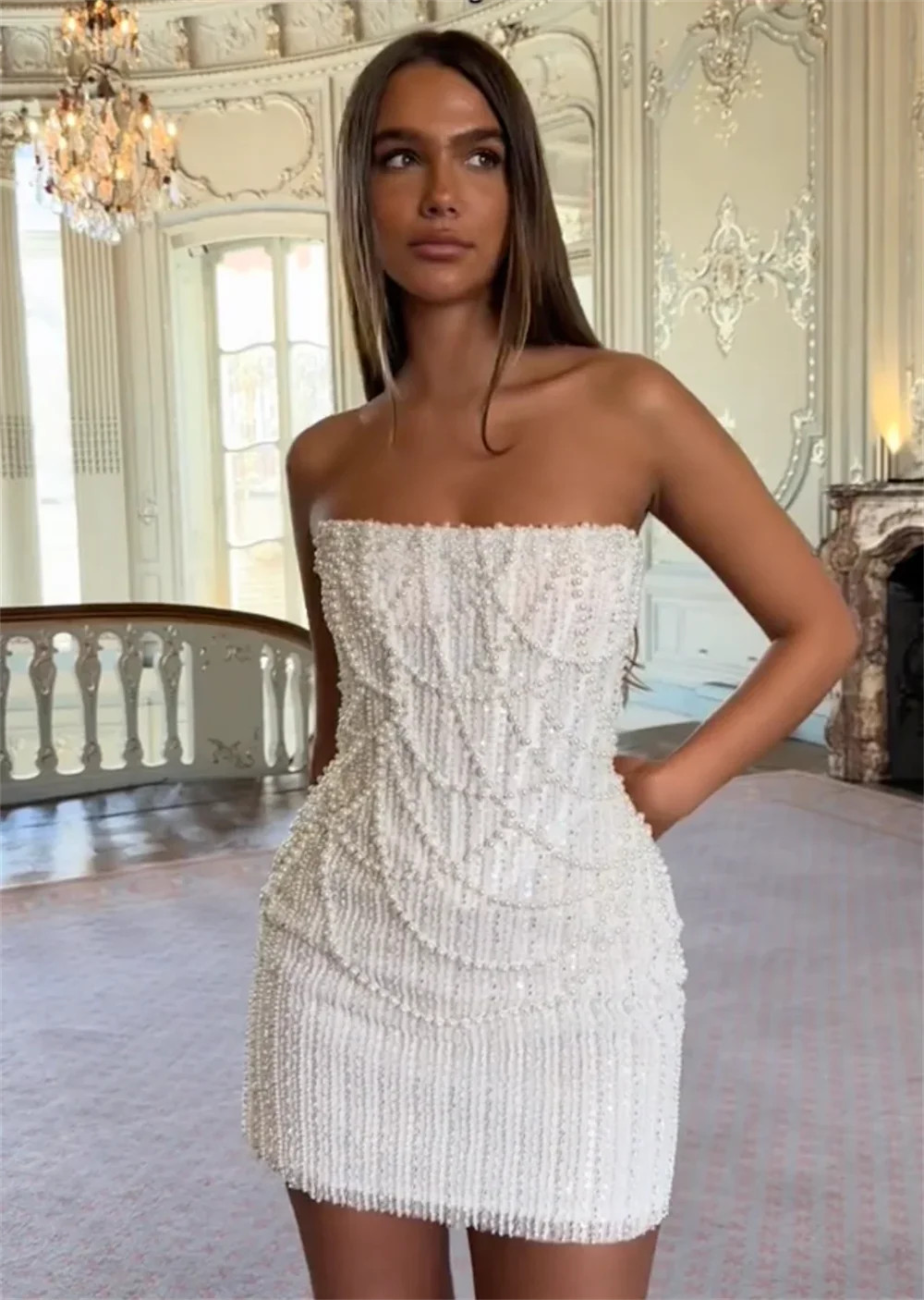 White Ivory Pearls Beading Wedding Dresses Mini Skirt Crystals Formal Strapless