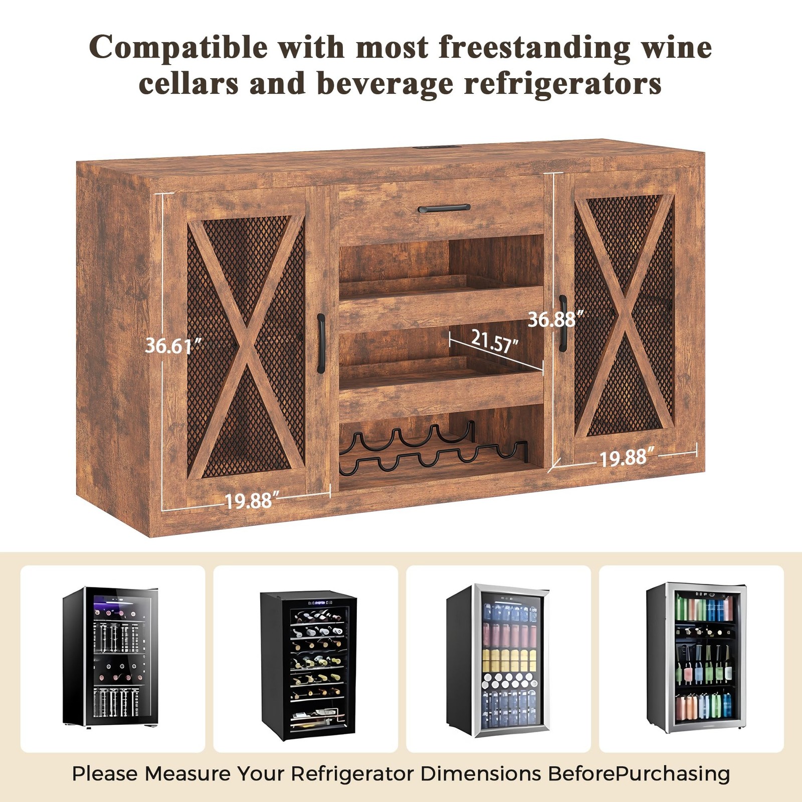 Large Coffee Bar Cabinet with Fridge Space, Mini Fridge Cabinet with Power Ou...