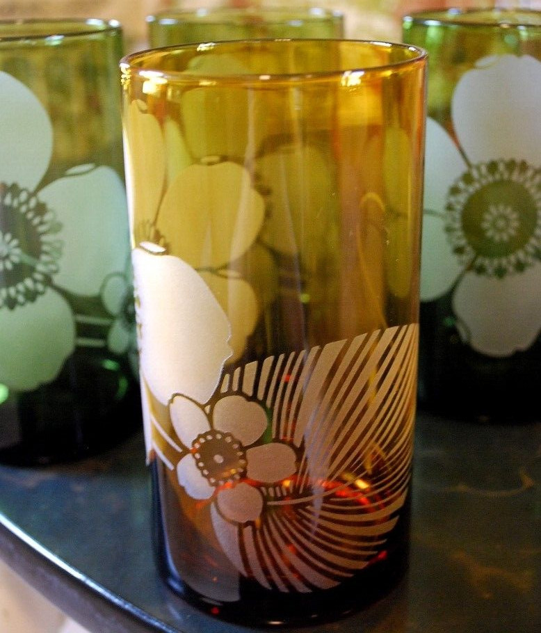 Vtg Set 8 PIER 1 Tumbler Glasses ETCHED FLOWER Hand Blown 6" Multicolor 20 Ounce