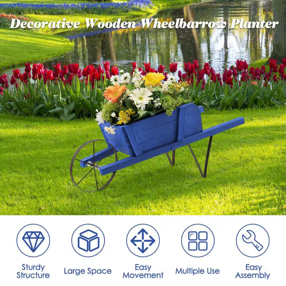 Wood Wagon Planter Decorative Indoor/Outdoor Rustic Flower Cart with Wheel Blue