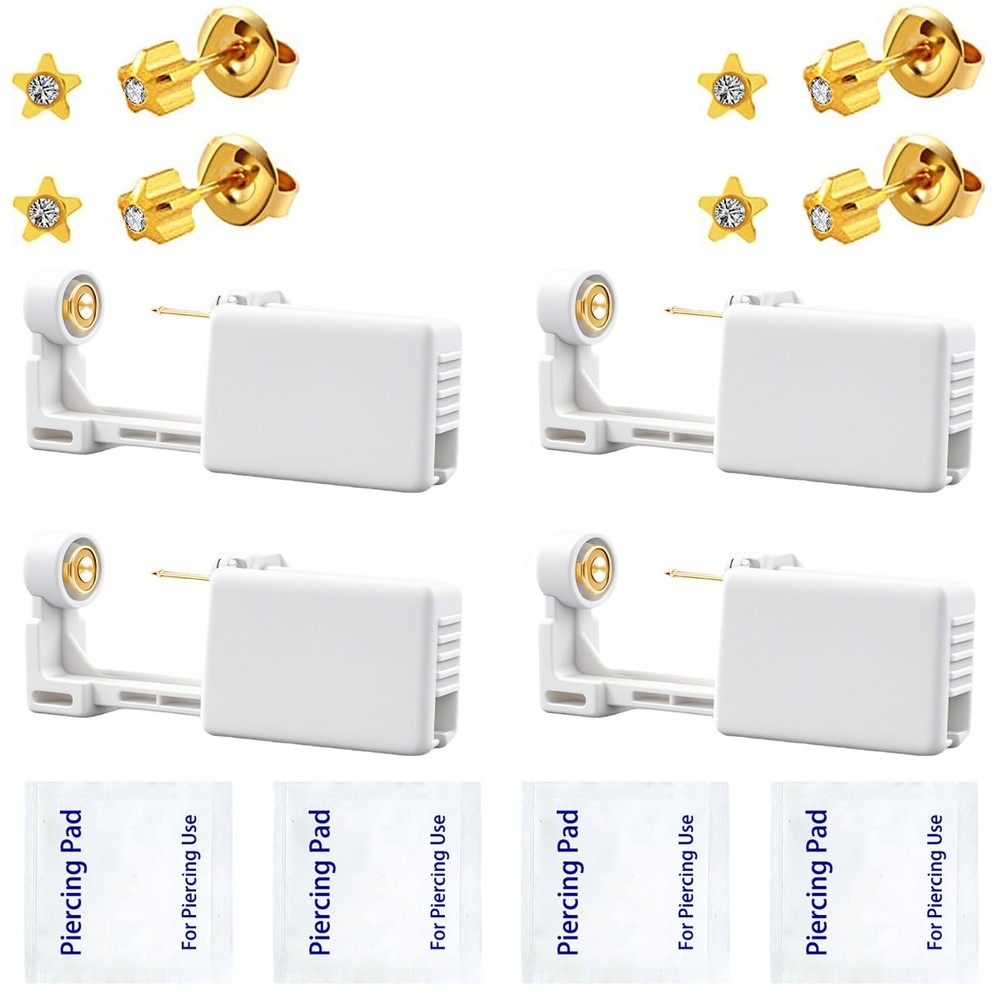 Self Ear Piercing Gun Kit with Earring Studs - Disposable 4 Pack (Gold)