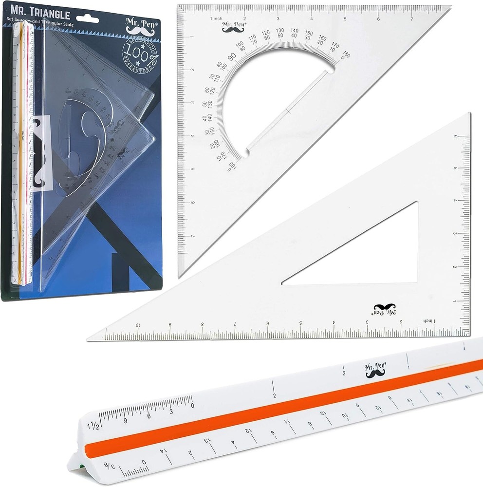 Precision Triangular Ruler Set: 12" Architect's Scale & 30/60, 45/90 Triangles