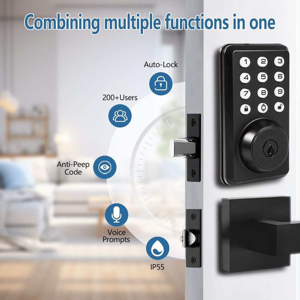 Front Door Handle Deadbolt Set Keyless Entry Doorbell Electronic Matte Black