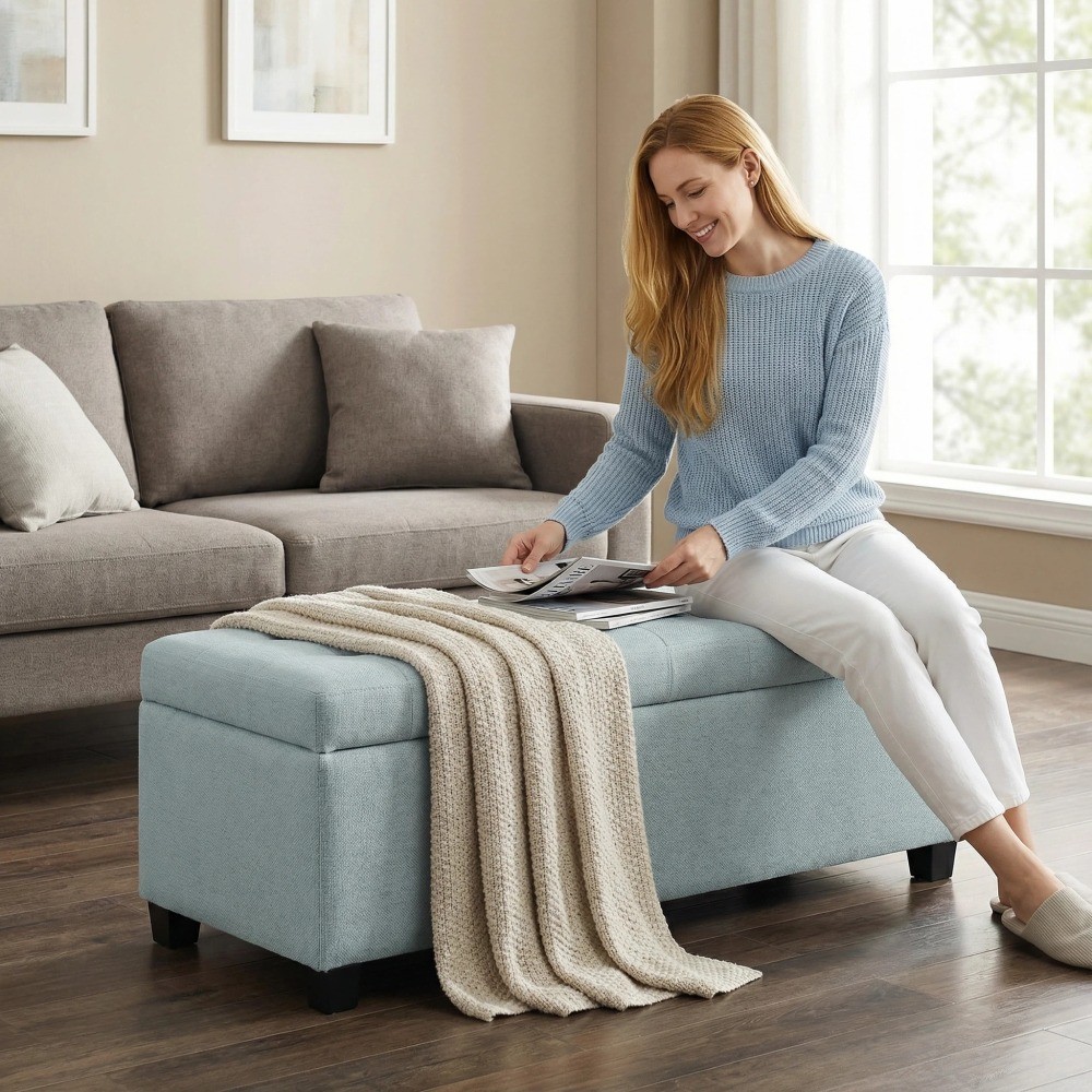 Storage Ottoman Bench with Hinged Lid, 49.75", Polyester, 300lb Capacity