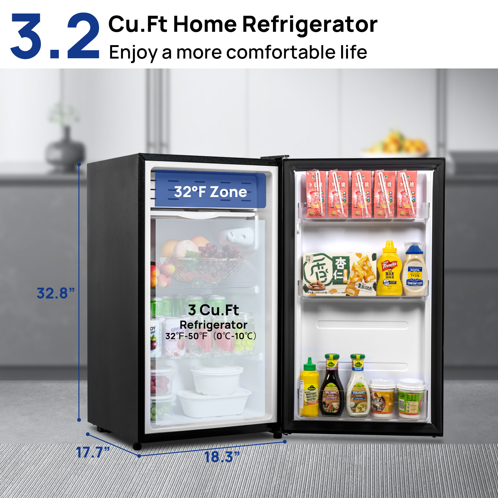 3.2 cu ft 115V Home Refrigerator 32~50℉ Compact Fridge Energy Saving Low Noise